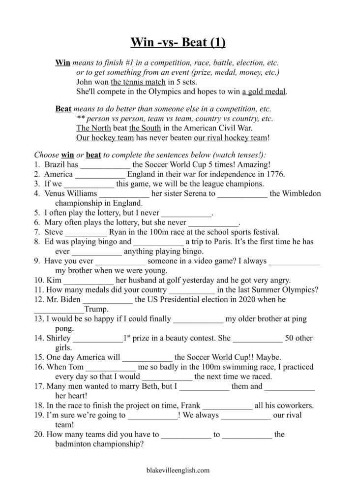 A free ESL printable worksheet showing the difference between win and beat.